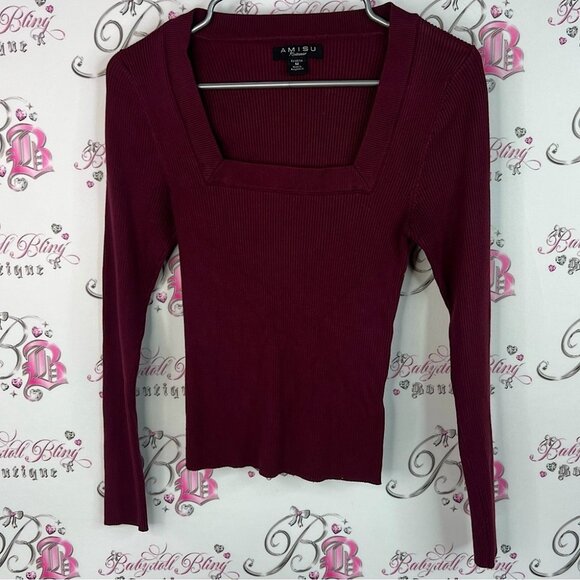 Amisu sweater ribbed material wine Deep Red Square Neck Blouse - Picture 1 of 7